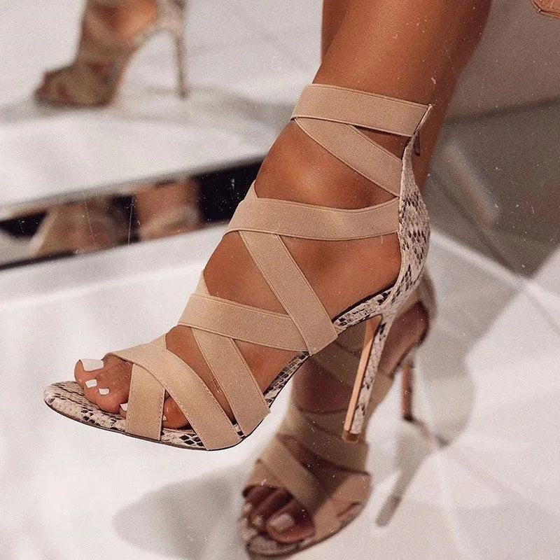 Pumps Party Sexy Shoes Prom Shoes Snake Summer Shoes Woman Pumps High Thin Heels Pointed Toe Rhinestone Gladiator