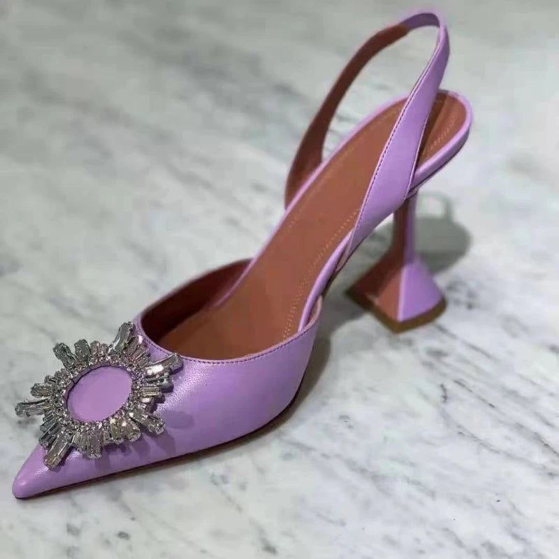 New Fashionable Half Slippers Women&#39;s Sandals Fashionable Sparkling Rhinestones Satin Wine Glass Heel Shoes Closed-Toe Slippers