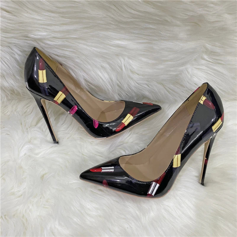 Heelgoo Newly Lipsticker Print Women Glossy Pointy Toe High Heel Black Party Shoes Slip On Stilettos Pumps Plus Size 33-46