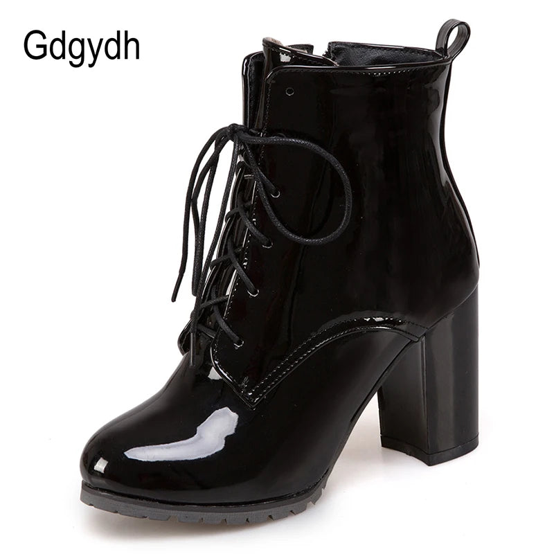 Gdgydh Big Size 48 Patent Leather Boots For Women Lace up High Heels Shoes Spring Autumn Black Footwear Female Ankle Boots Zip