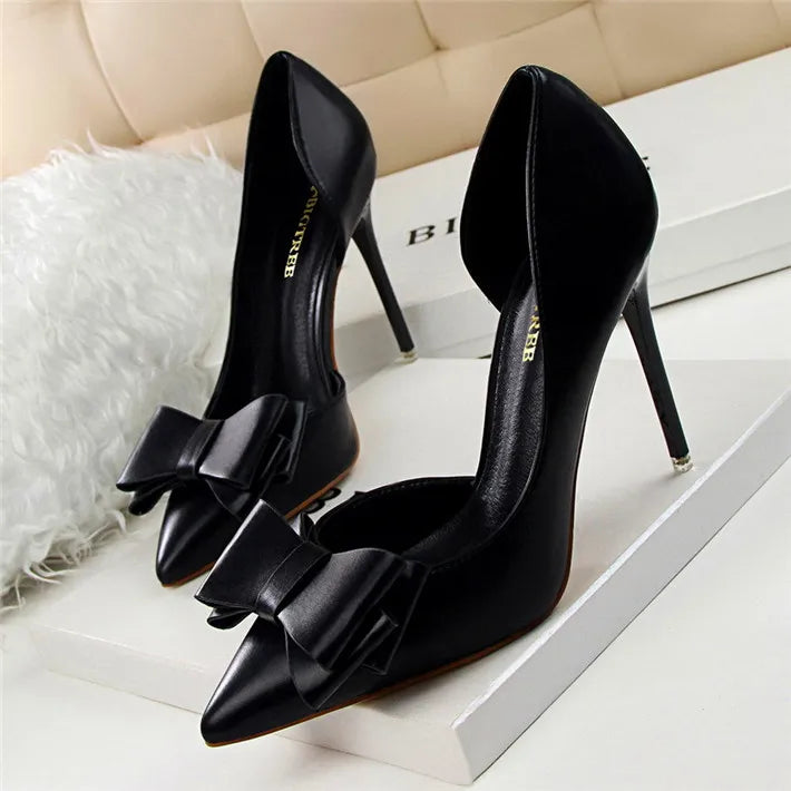 Side Hollow Soft Leather Women Pumps 7 Color Fashion Bowtie Pointed Toe High Heels Ladies Dress Wedding Shoes Woman Work Shallow