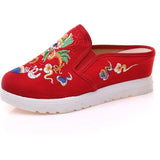 Veowalk Chinese Totem Embroidery Women's Casual Canvas Wedge Slippers Medium Hidden Heel Slip-on Comfort Platform Slides Shoes