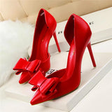 Side Hollow Soft Leather Women Pumps 7 Color Fashion Bowtie Pointed Toe High Heels Ladies Dress Wedding Shoes Woman Work Shallow