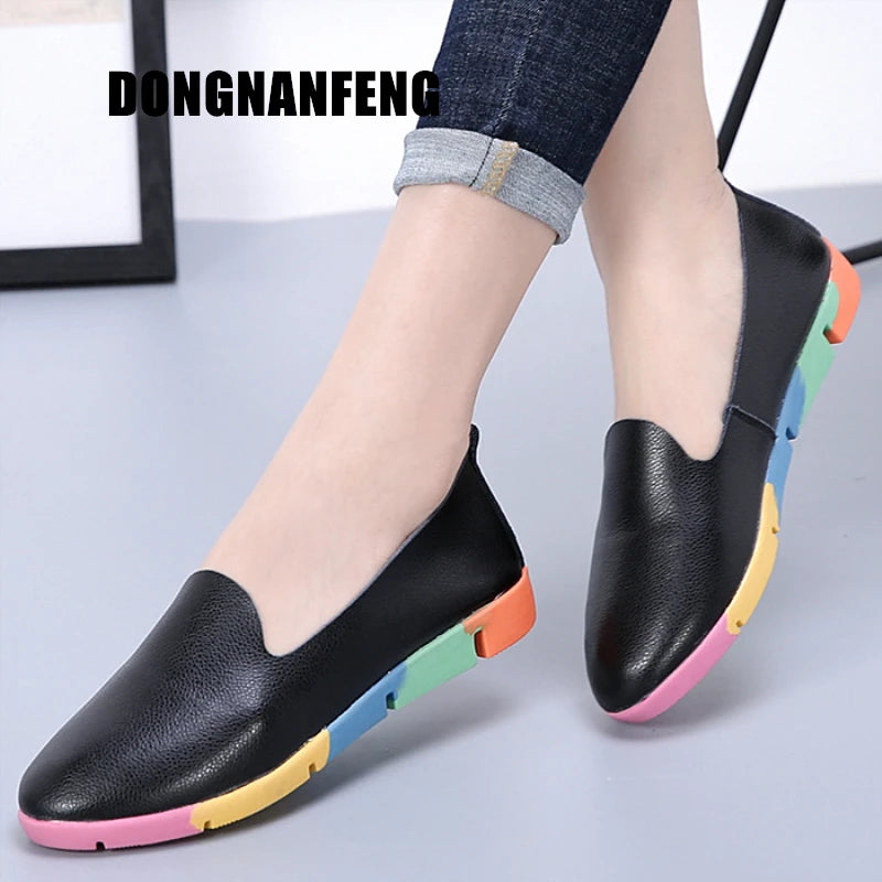 WOIZGIC Women Flats Mother Ladies Female Shoes Loafers Cow Genuine Leather Pigskin Slip On Feminino Nurse Peas 35-44 AZE-912
