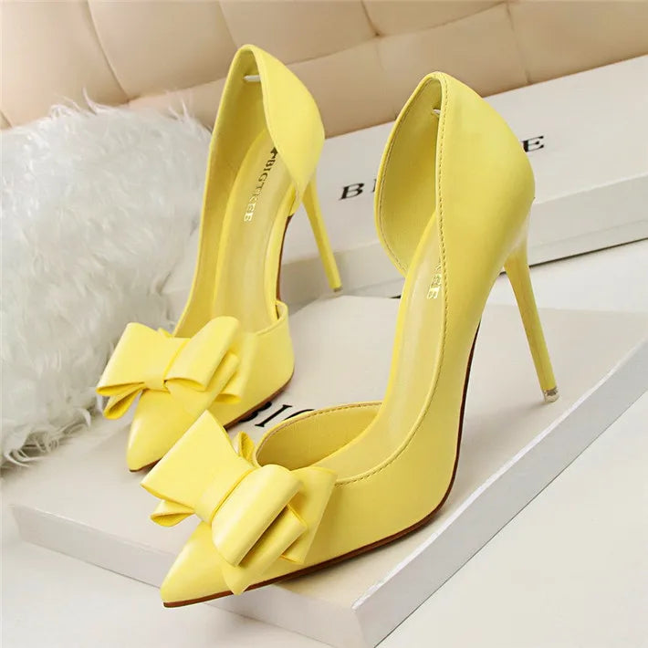 Side Hollow Soft Leather Women Pumps 7 Color Fashion Bowtie Pointed Toe High Heels Ladies Dress Wedding Shoes Woman Work Shallow
