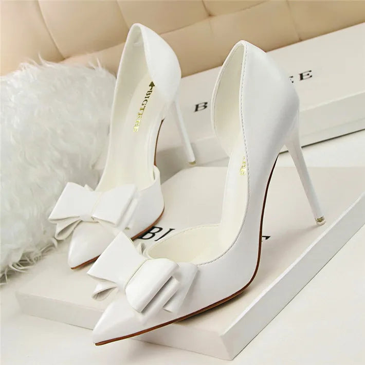 Side Hollow Soft Leather Women Pumps 7 Color Fashion Bowtie Pointed Toe High Heels Ladies Dress Wedding Shoes Woman Work Shallow