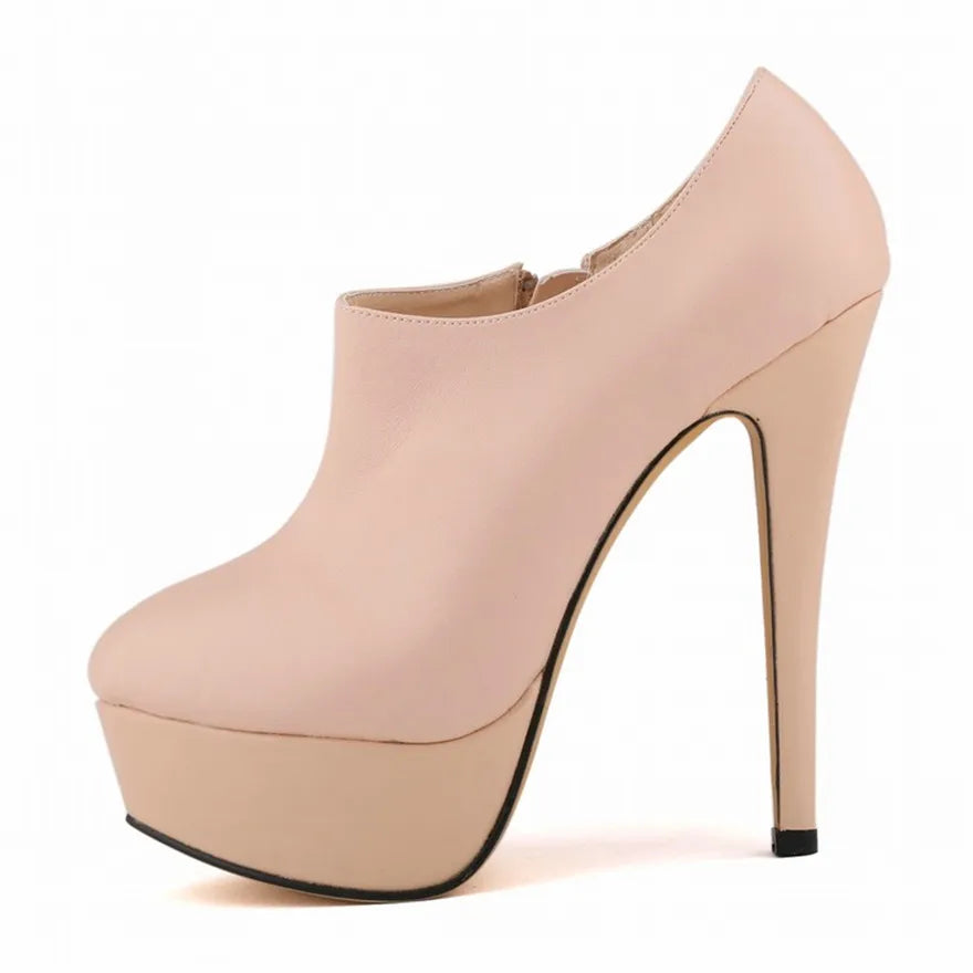 LOSLANDIFEN Concise Soft Leather Ankle Boots Platform Zipper Short Boots Fashion Women's Shoes 14cm Super High Heels Shoes Woman