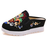 Veowalk Chinese Totem Embroidery Women's Casual Canvas Wedge Slippers Medium Hidden Heel Slip-on Comfort Platform Slides Shoes
