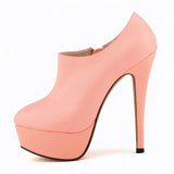 LOSLANDIFEN Concise Soft Leather Ankle Boots Platform Zipper Short Boots Fashion Women's Shoes 14cm Super High Heels Shoes Woman