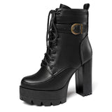Black Platform Combat Ankle Boots For Women Round Toe Buckle Strap Woman Lace Up Shoes Winter Biker Boot Motorcycle Bottes 41 42