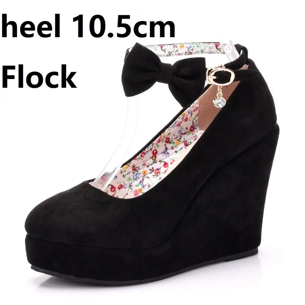 Crystal Queen High Heels Platform Wedge Female Pumps Women's Flock Buckle Bowtie Ankle Strap Wedding Shoes Round Toe White