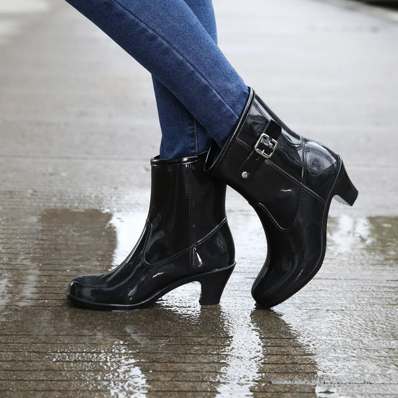 Spring/Autumn High-heeled Ankle Shoes Women Fashion Rain Boots Women Waterproof High Rainboots Slip Glass with Water Boots