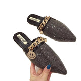 SNURULANPointed Toe Half Slippers Female Summer Wear New Fashion Rhinestone Lazy Flats Sandals Casual Mules Metal Chain Slide
