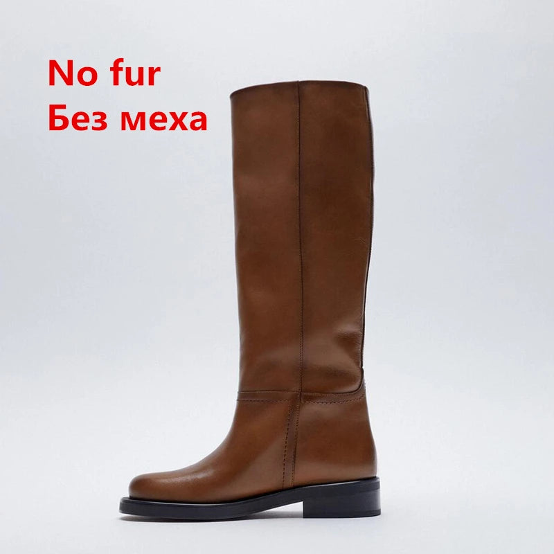 FEDONAS INS Women Knee High Boots Full Cow Leather Warm Boots Thick High Heels Motorcycle Boots Punk Shoes Woman High Boots