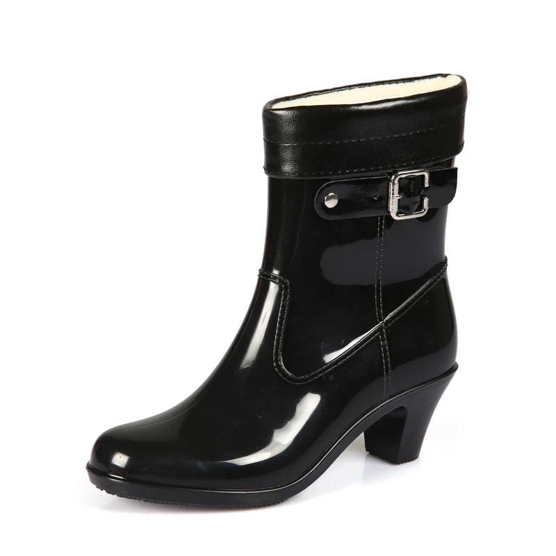 Spring/Autumn High-heeled Ankle Shoes Women Fashion Rain Boots Women Waterproof High Rainboots Slip Glass with Water Boots