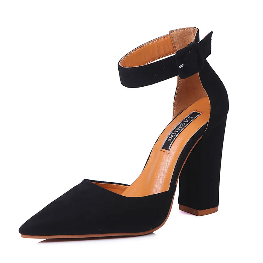 Ankle Belt Buckle Sexy Women Sandals Thick Heel Summer Shoes Pink Black Flock Pointed Toe Female High Heels Party Wedding Pumps