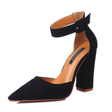 Ankle Belt Buckle Sexy Women Sandals Thick Heel Summer Shoes Pink Black Flock Pointed Toe Female High Heels Party Wedding Pumps