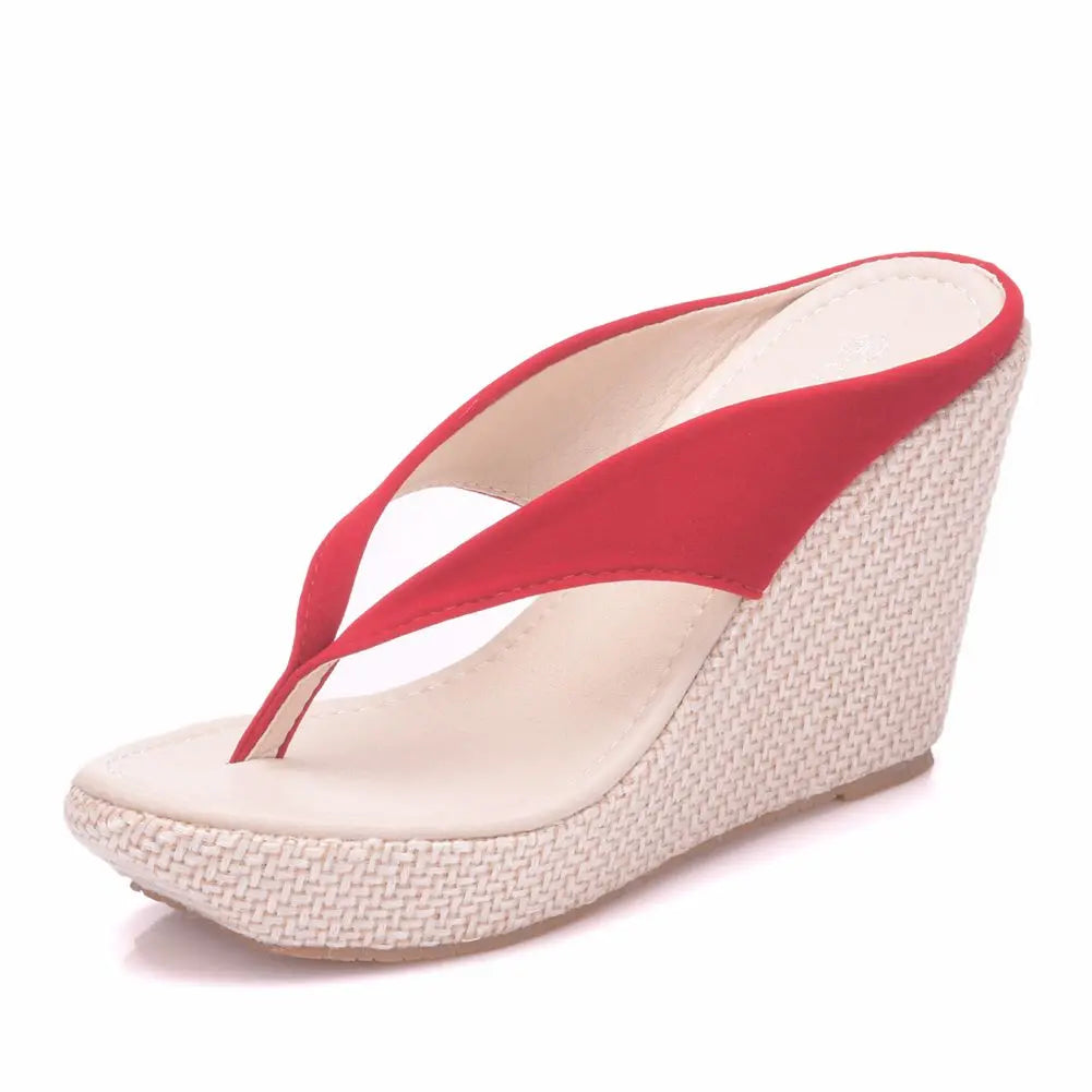 Crystal Queen Platform Wedges Flip Flops High Heels Slippers White Beach Sandals Bohemia Pink