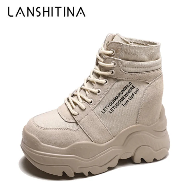 2022 New Autumn Boots Women High Platform Sneakers 12CM Height Increasing Ankle Boots Thick Sole Breathable Canvas Shoes Woman