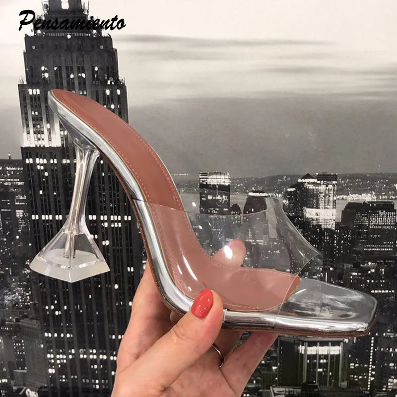 Star style Transparent PVC Women Slippers Fashion Square toe Cup heeled Summer Female Mules Slides High heels Sandals Shoes