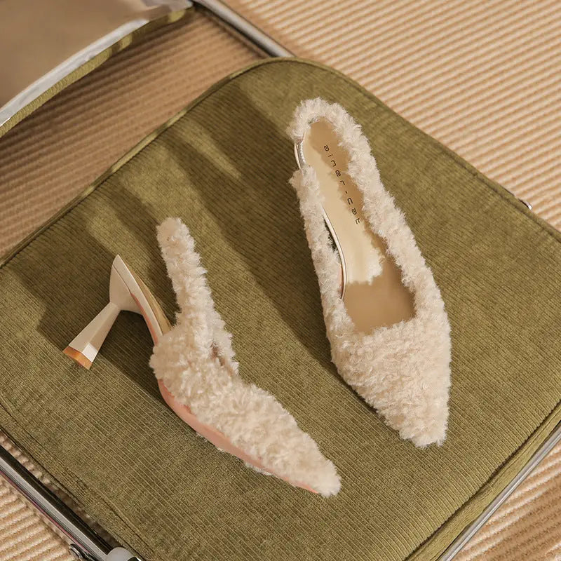 High Heels Hairy High Heels Baotou Back Hollow Fine Heeled High Heeled Single Shoes high heels