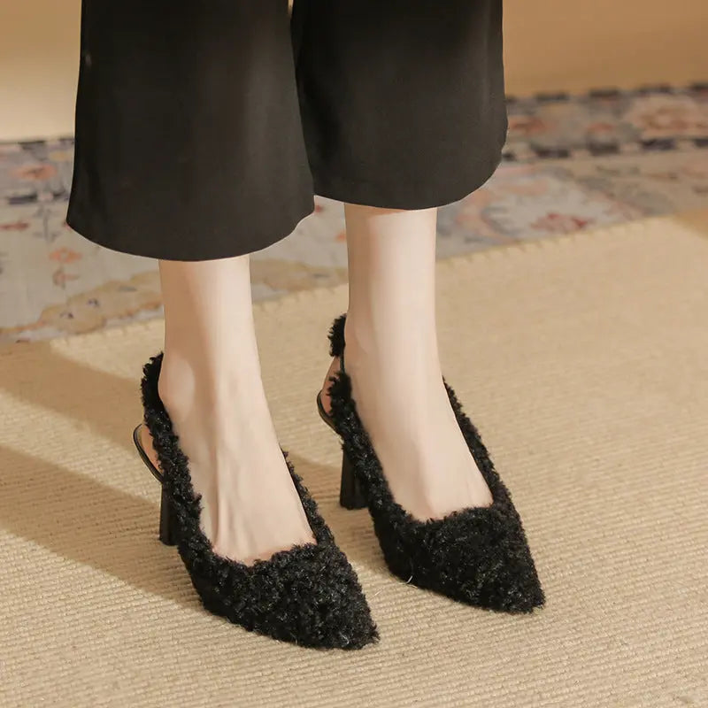 High Heels Hairy High Heels Baotou Back Hollow Fine Heeled High Heeled Single Shoes high heels