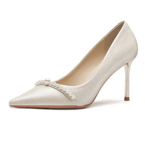 High Wedding Shoes French Pearls Pointed Toe Stiletto Heeled Shoes high heels