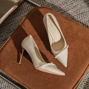 High Wedding Shoes French Pearls Pointed Toe Stiletto Heeled Shoes high heels