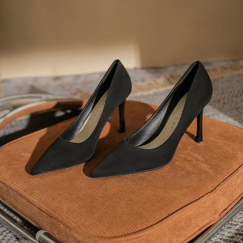 High heeled shoes Small heeled suede Fashion high heels Single shoes high heels
