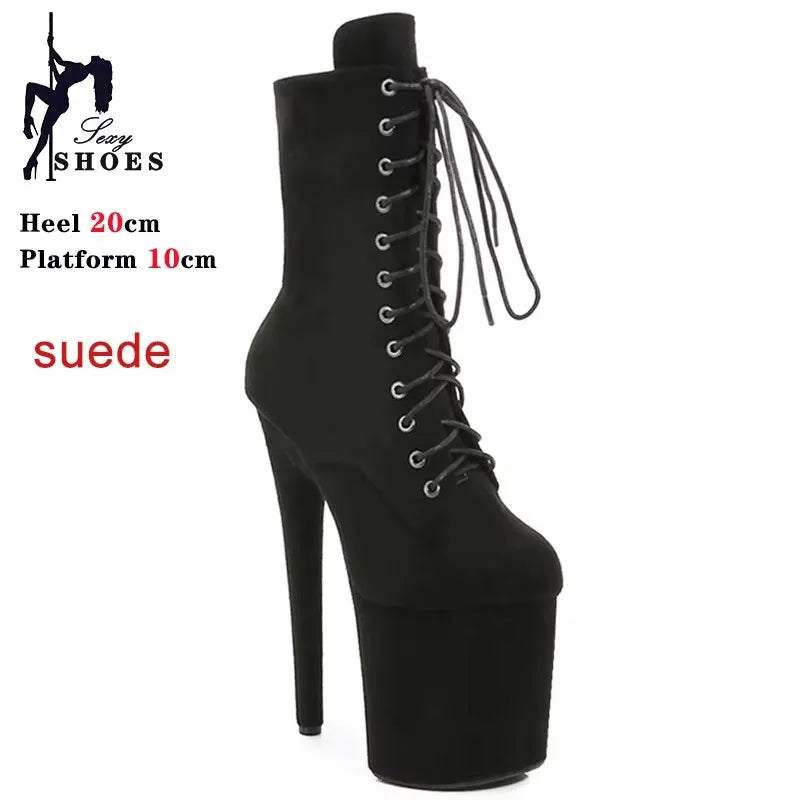 Ultral High Heels 20CM Sexy Black Women Ankle Boots Round Toe Nightclub Catwalk Platform Boots Pole Dance Stripper Party Shoes
