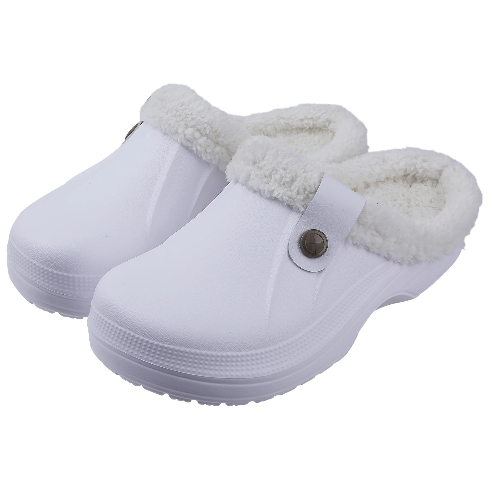 Shevalues New Fur Lined Clogs Women Waterproof Garden Shoes Winter Fluffy Plush House Slippers Couple Non-slip Fuzzy Slippers