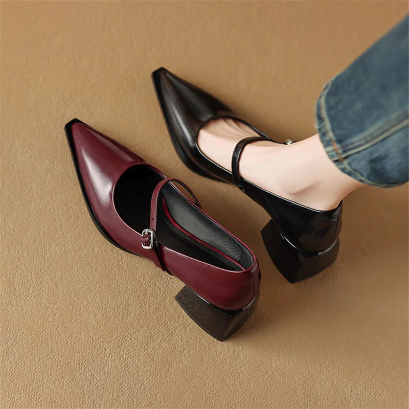 New Spring Split Leather Women Shoes Pointed Toe Women Pumps Fashion Retro Mary Jane Shoes for Women High Heels Ladies Shoes