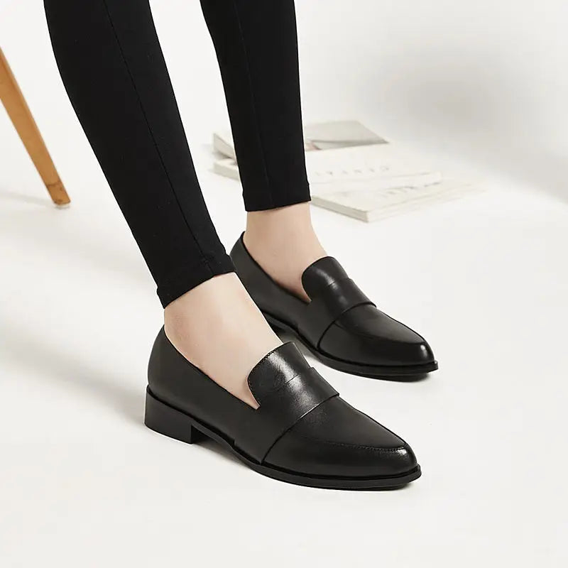 Luxury Leather Casual Office Shoes For Woman 2024 Women's Summer Footwear Low Heel Elegant Formal Black Pointed Toe Stylish Y2k