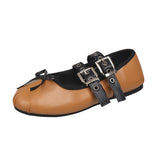 French ballerina ballet flats women's soft leather bow lace-up shallow Metallic belt trim car stitching cross straps belt buckle