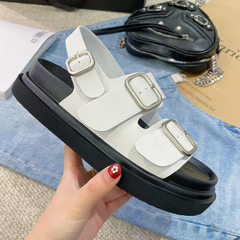 Sandals Women Genuine Cow Leather Metal Detailed Ankle Buckle Strap Summer Beach Ladies Low Heel Shoes Handmade