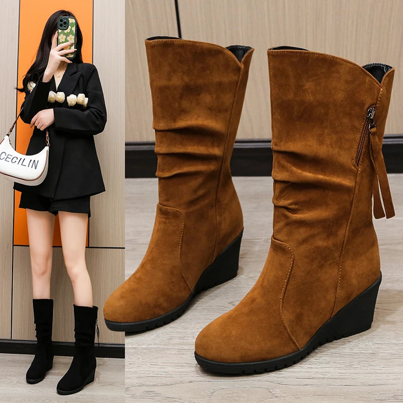 Vintage Faux Suede Wedge Ankle Boots for Women's 2024 Autumn Winter Warm Plush Flat Heels Short Boots Woman Slip on Cowboy Botas