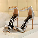 Summer Women 10cm High Heels Fetish Sandals Lady Gladiator Strap Leather Silver Sandles Fashion Platform Nightclub Party Shoes