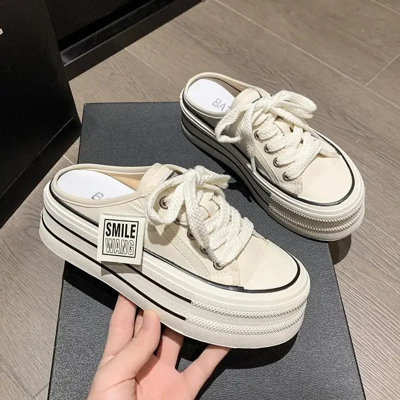 Height Increasing Platform Slippers Women Summer Outer Wear New Heel Free White Slides Canvas Shoes Slipper Slip on Sandals 5cm