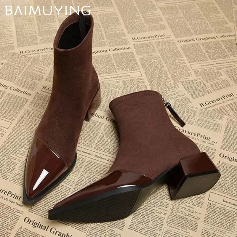 Ankle Boots Women Chunky Mid Heels Suede Shoes Woman Pointed Toe 2024 Trend Winter New Goth Walking Snow Chelsea Botas De Mujer