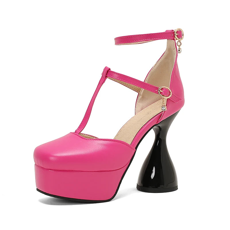 Plus Size T-Strap Ankle Buckle Narrow Band Ultra-High Irregular Heel Fashion Sandals Square Toe Hollow Sexy Women's Sandals