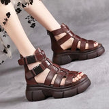 Handgemachte Echte PU Leder Retro Schuhe Frauen Sandalen 2022 Neue Stiefeletten Sommer Handgemachte Hohl-out Casual Plattform Sandalen