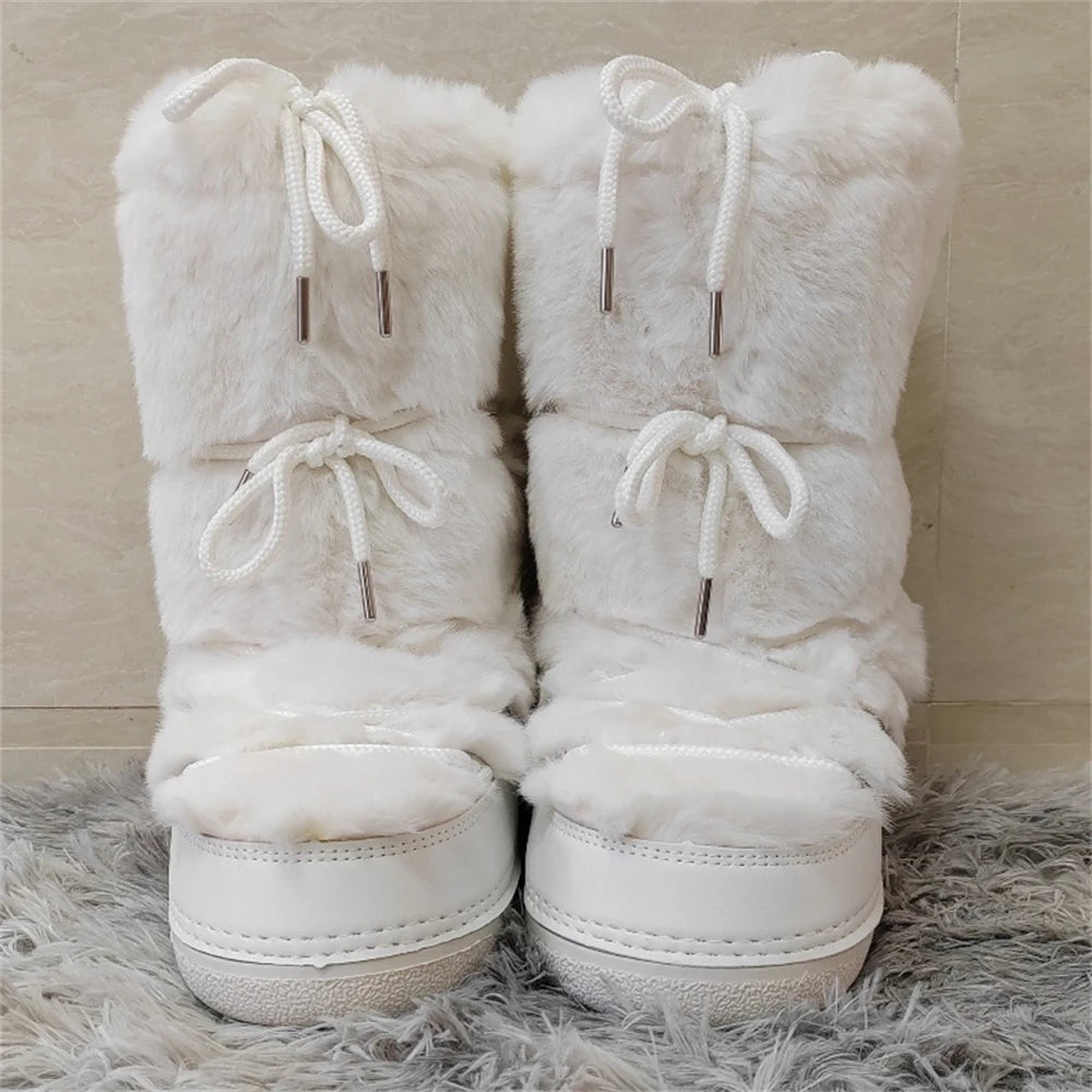 2024 Winter Boots Women Ankle Ski Boots Brand Design Platform Waterproof Lace-up Fur Boots Woman Fluffy Furry Fox Fur Snow Boots