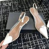 2025 New Pointy Peach Heart Fine Heel Shoes Sexy Pvc Transparent Film Black Patent Leather High Heel Overhead Sandals