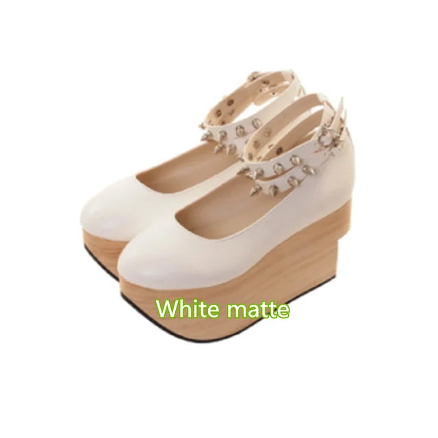 2023 new hard soled wood grain thick soled high-heeled rivets Lolita Lolita rocking horse shoes women