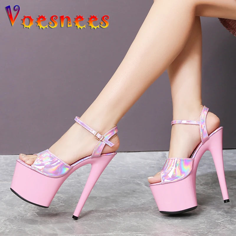 Women Sexy Show Sandals 15 17 20CM High Heels Sexy Platform Laser Color Sandals Girls Shoe for Party Club Striptease Shoes