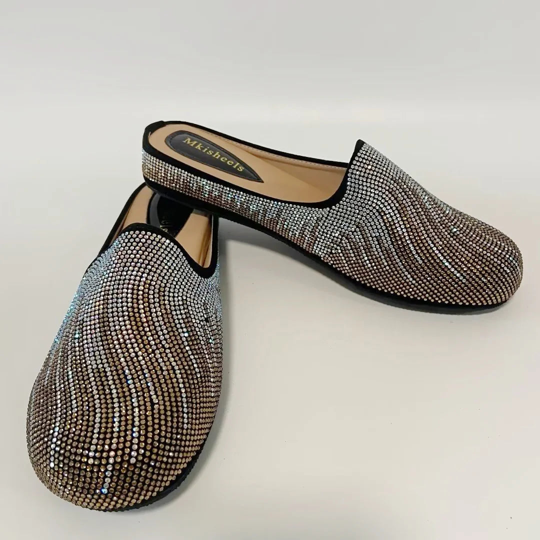 Hot Sale Multicolor Flat Heel Sequin Women's Slippers Casual Banquet Fashion Party Italian Mules Slipper Rhinestone Shoe F1013-2