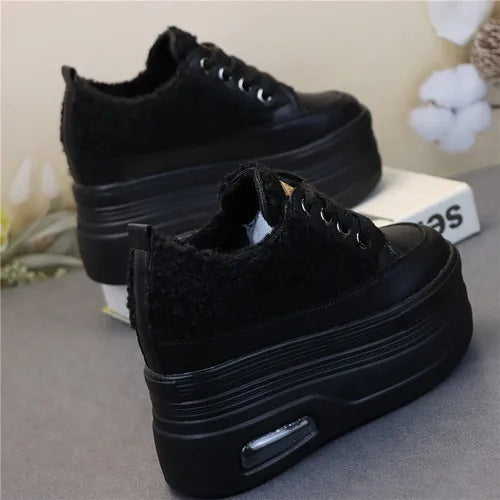 10CM 12CM Genuine Leather Casual Chunky Sneakers Plush Wedge Platform Wedge Winter Fashion Autumn Spring Women Shoes Vulcanize