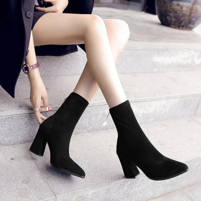 Comemore Ankle Chunky High Heel Black Sock Boots Women Autumn Fashion Pointed Frosted Suede Short Boot Female Sexy Warm Boots 34