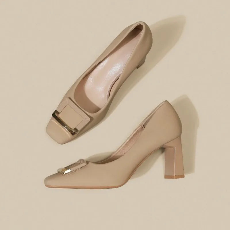 Spring new square head thick heels women's shallow mouth buckle single shoes professional shoes high heels