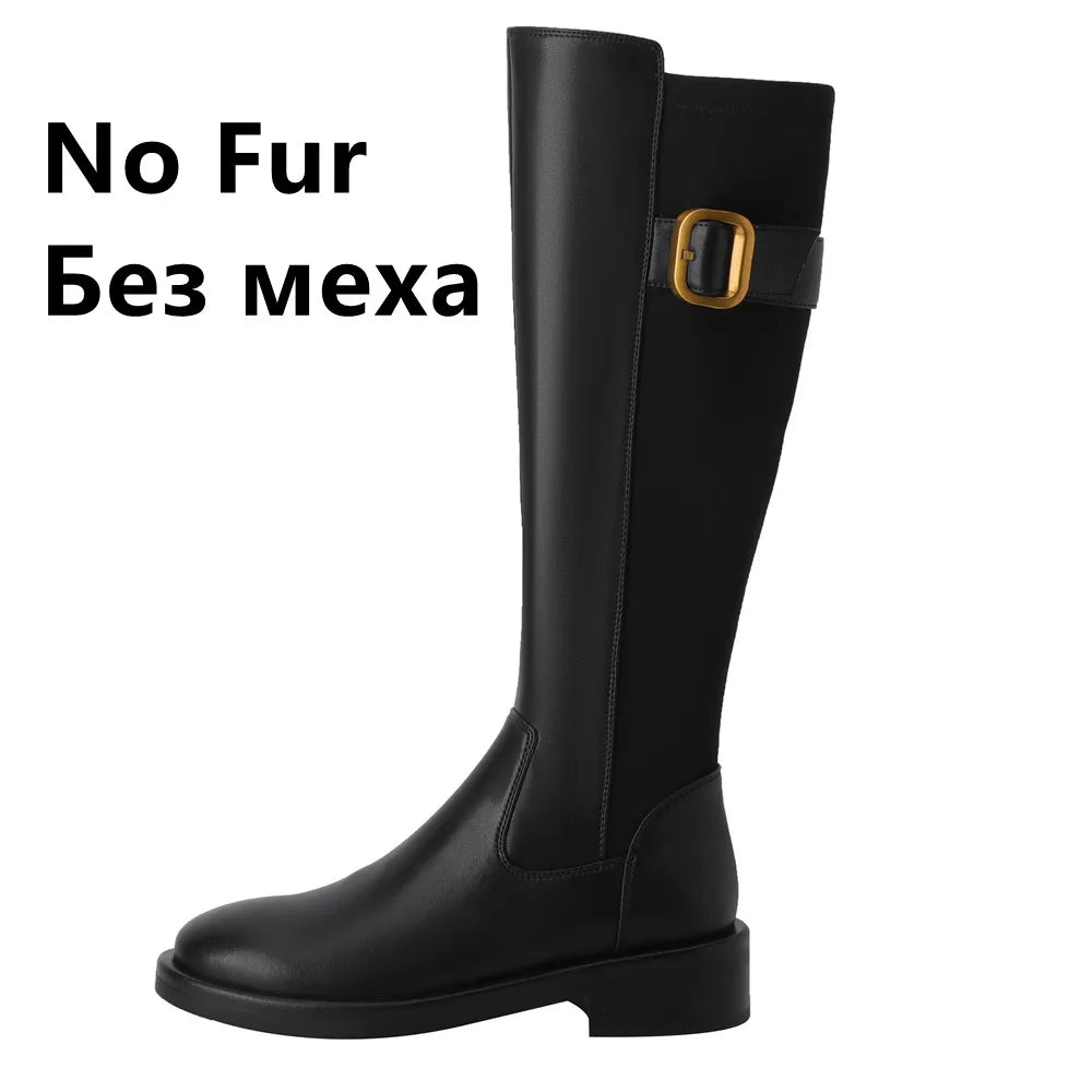 FEDONAS Elegant Women Knee-High Boots Autumn Winter Splicing Genuine Leather Belt Buckle Side Zipper Party Office Shoes Woman